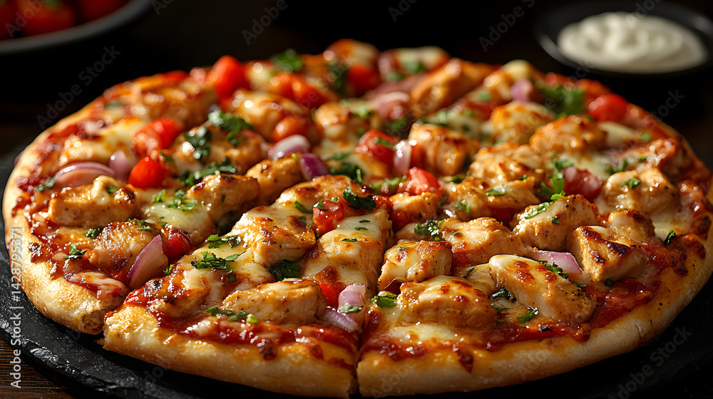 BBQ Chicken Pizza presented on a black textured surface with elegant side garnishing