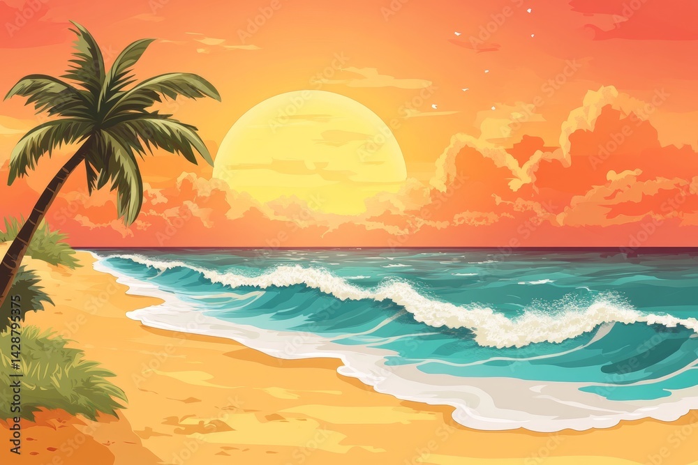 Sunset beach background with golden sands and gentle waves.