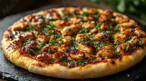 Obraz na płótnie BBQ Chicken Pizza presented on a black textured surface with elegant side garnishing w salonie