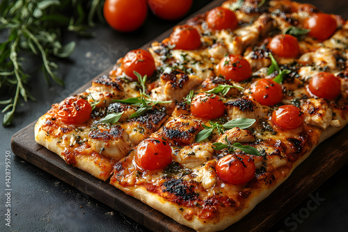 Obraz na płótnie BBQ Chicken Pizza styled on dark grey background with clean plating and props w salonie