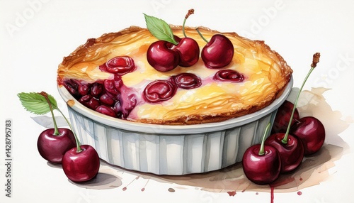 watercolor illustration of clafoutis n traditional french cherry dessert tart