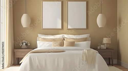 Minimalist Bedroom with Blank Frames on Wall and Cozy Decor