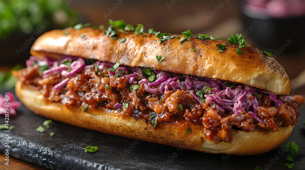 BBQ pulled pork sandwich with coleslaw on a toasted bun