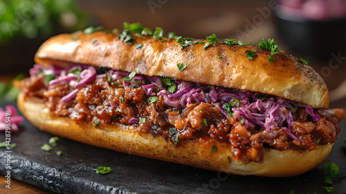 Obraz na płótnie BBQ pulled pork sandwich with coleslaw on a toasted bun w salonie
