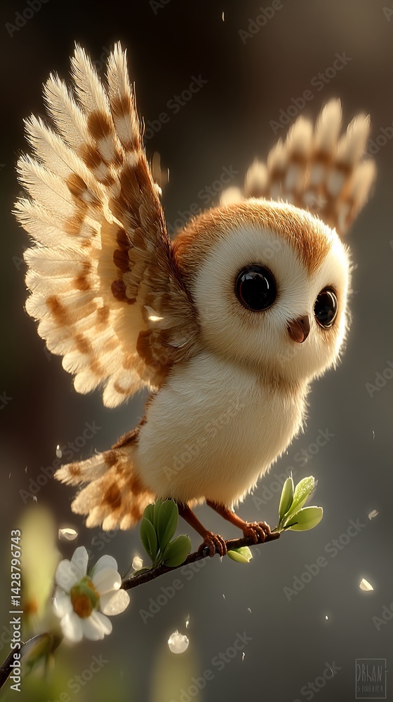 Fototapeta premium Adorable little owl with outstretched wings on a branch