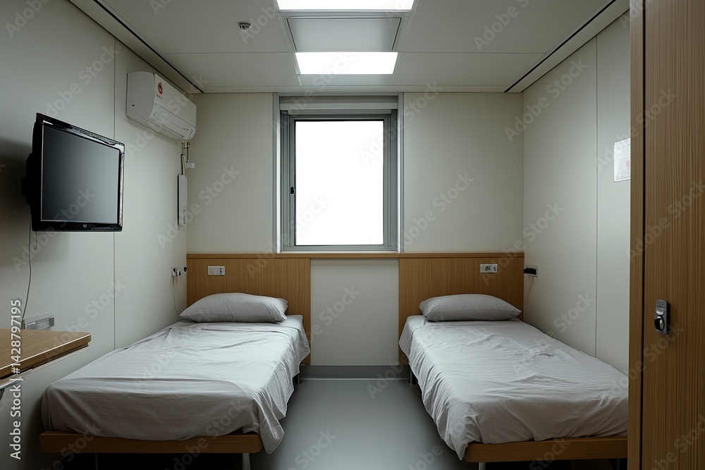 Fototapeta premium A photograph of two single beds in a modern hotel room in Korea. The walls are white, and the floor is grey, with a light brown wooden headboard. The interior design is simple, with a window offering 