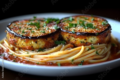 Obraz na płótnie Baked eggplant parmesan served with spaghetti and marinara sauce w salonie