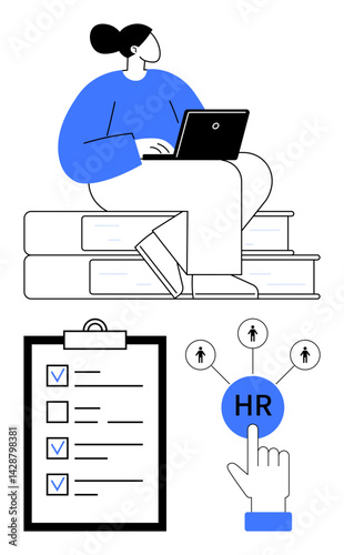 Woman working on laptop while seated on books, checklist with marked items, HR button with connections to people. Ideal for recruitment, hiring, HR tasks, organization, job selection, team building