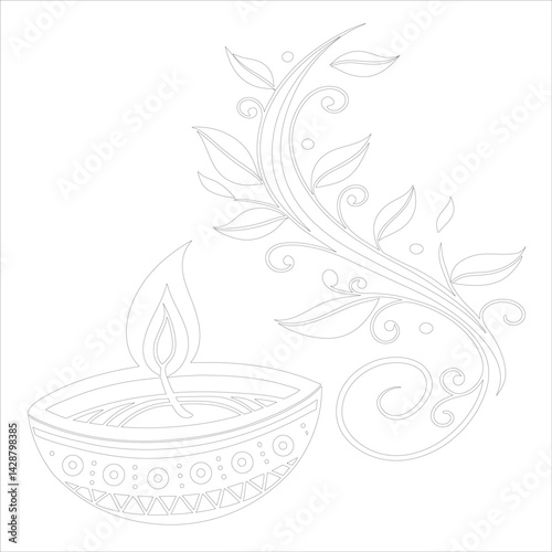 Diwali Diya Line Art Silhouette Vector Traditional Oil Lamp Line Art Illustration