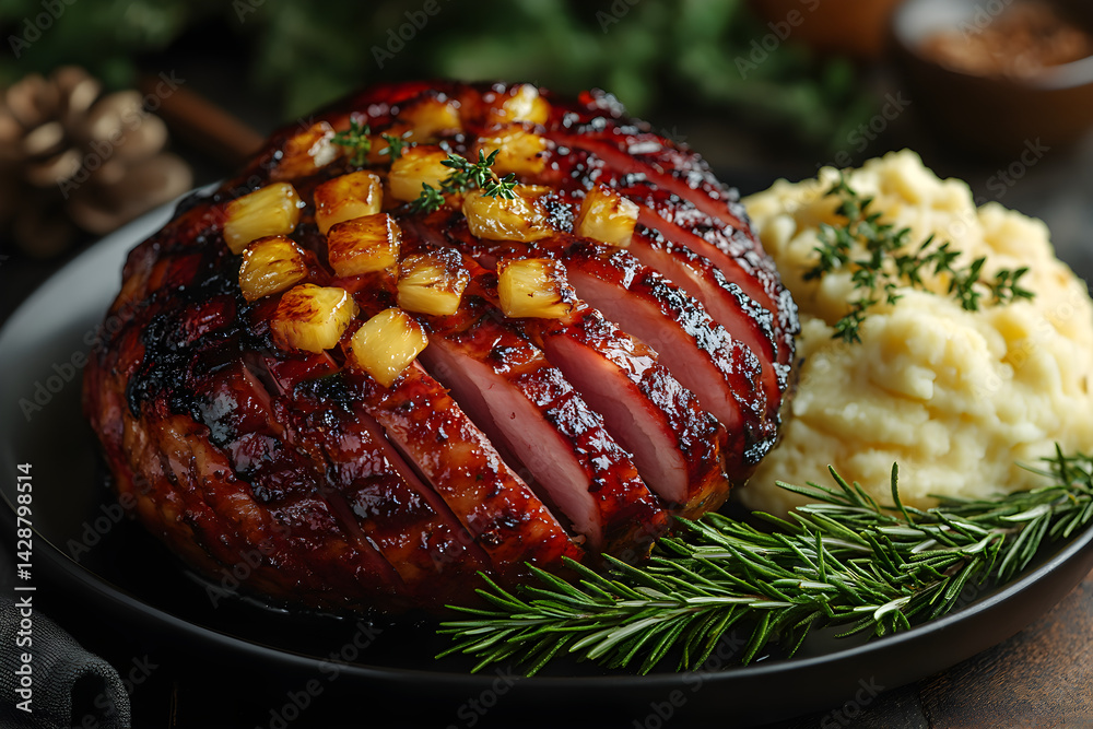 Baked ham with sweet pineapple glaze served with a side of mashed potatoes