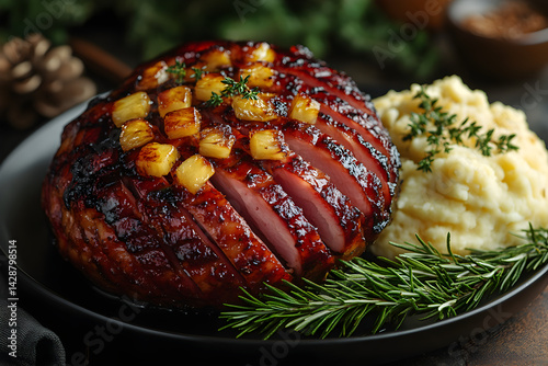 Obraz na płótnie Baked ham with sweet pineapple glaze served with a side of mashed potatoes w salonie