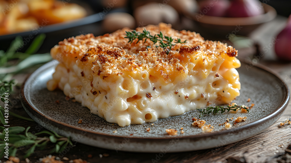 Baked macaroni and cheese with a crispy breadcrumb topping on a rustic plate