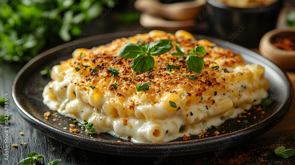 Baked macaroni and cheese with a crispy breadcrumb topping on a rustic plate