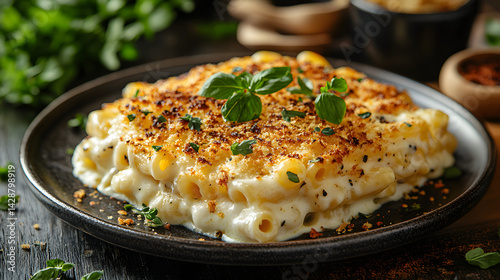 Obraz na płótnie Baked macaroni and cheese with a crispy breadcrumb topping on a rustic plate w salonie