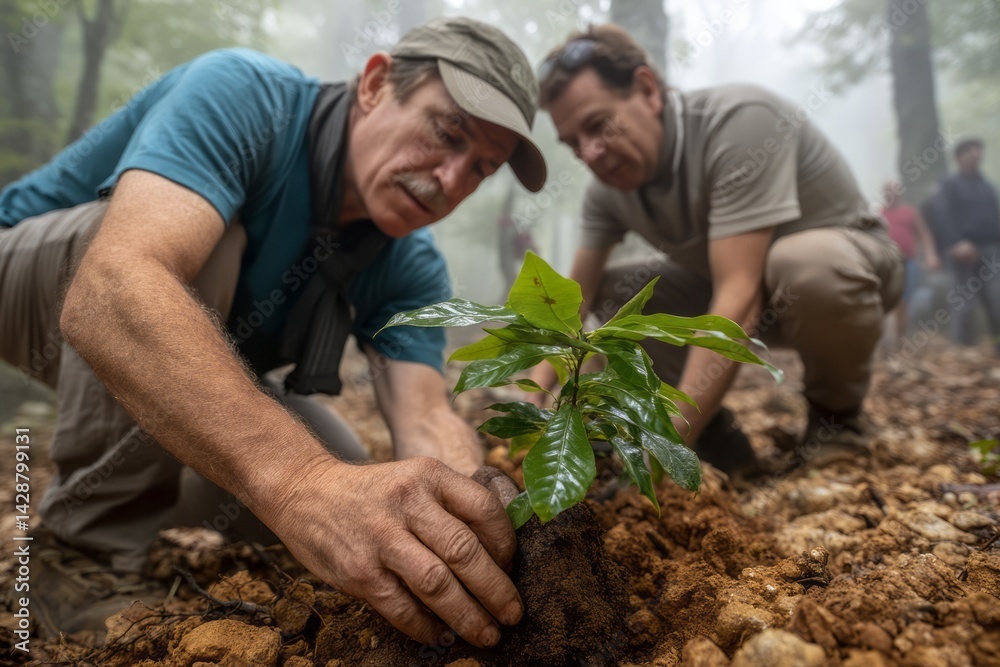 Fototapeta premium Volunteers Planting a Young Tree in a Forest During Environmental Conservation Activity
