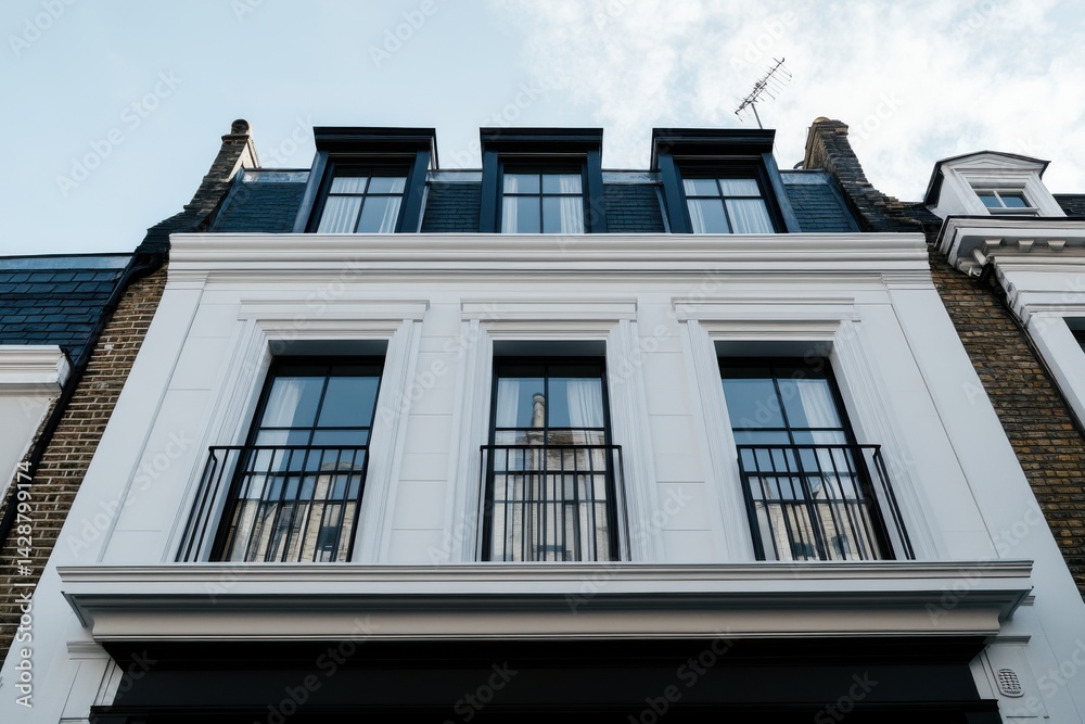 Obraz premium The timeless appeal of classic architecture is showcased through elegantly designed balconies adorning a charming building, all set against a picturesque urban backdrop on a beautiful, clear day