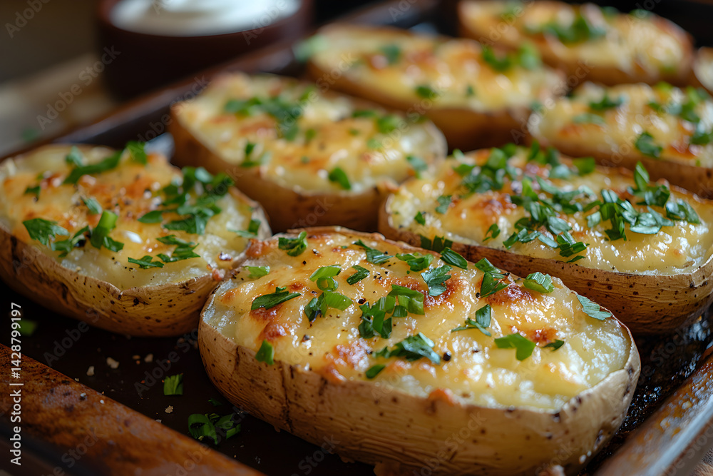 Baked potato skins filled with melted cheese, green onions, and sour cream