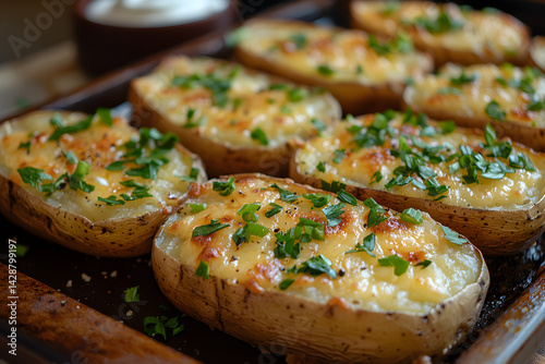 Obraz na płótnie Baked potato skins filled with melted cheese, green onions, and sour cream w salonie