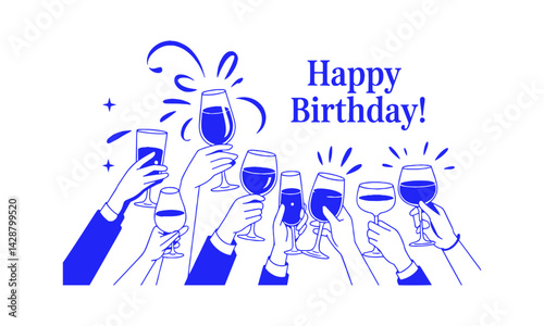  Vector modern linear cartoon hands holding various types of wine and cocktail glasses,  easily editable.