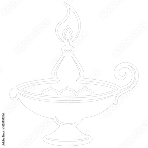 Diwali Diya Line Art Silhouette Vector Traditional Oil Lamp Line Art Illustration