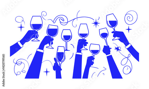  Vector modern linear cartoon hands holding various types of wine and cocktail glasses,  easily editable.