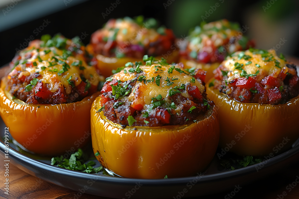 Baked stuffed bell peppers with cheese on top served on a plate