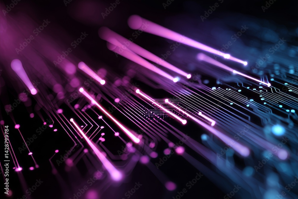 Futuristic high-tech background with neon lights and circuit patterns.
