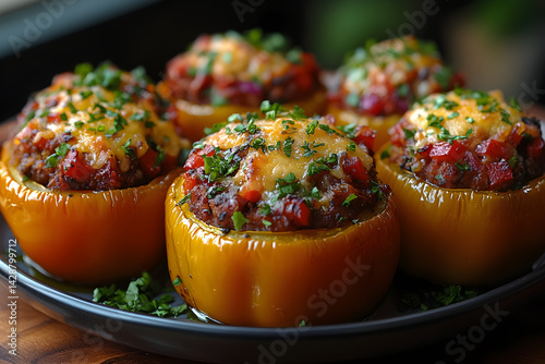 Obraz na płótnie Baked stuffed bell peppers with cheese on top served on a plate w salonie