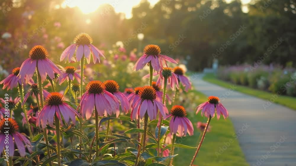 Echinacea flowers in garden blooming with soft light at sunset creating a beautiful field of flowers next to a pathway.