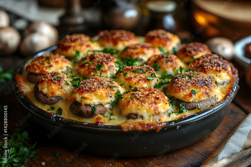 Baked stuffed mushrooms with a savory cheese filling and crispy topping