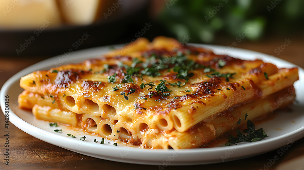 Baked ziti with cheese and marinara sauce on a white plate