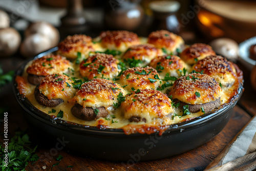Obraz na płótnie Baked stuffed mushrooms with a savory cheese filling and crispy topping w salonie
