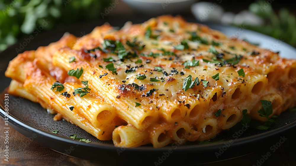 Baked ziti with marinara sauce, mozzarella, and a golden crispy top