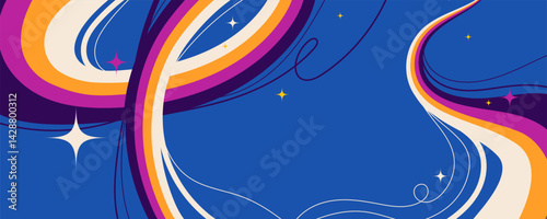 Abstract Design with Wavy Lines and Sparkling Stars on Blue Background. Retro cosmic swirls with vibrant movement. Perfect for futuristic prints, party and space themes