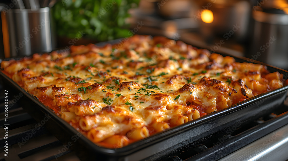 Baked ziti with marinara sauce, mozzarella, and a golden crispy top