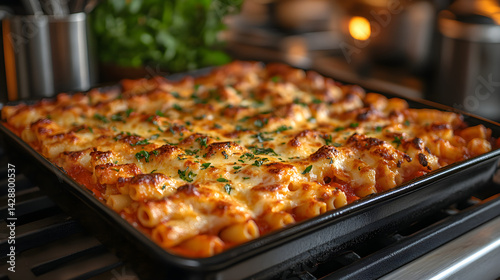 Baked ziti with marinara sauce, mozzarella, and a golden crispy top