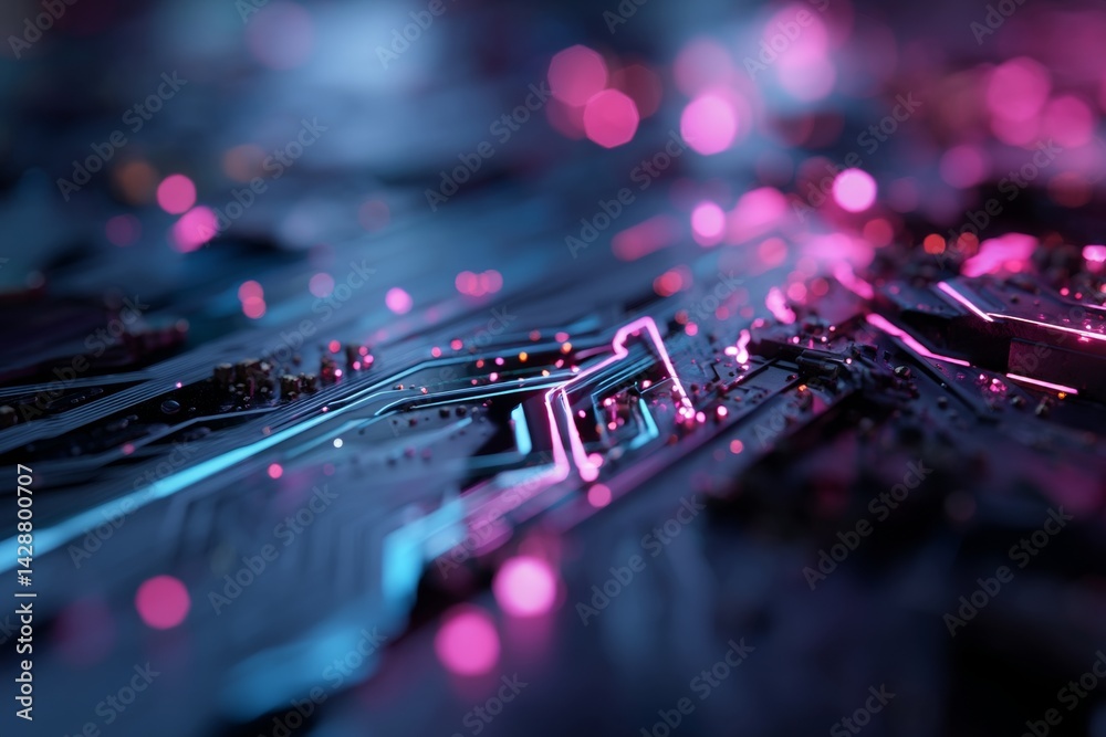 Futuristic high-tech background with neon lights and circuit patterns.