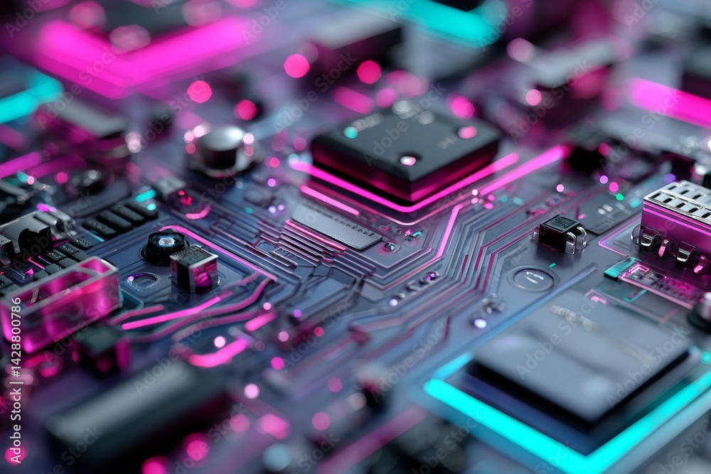 Futuristic high-tech background with neon lights and circuit patterns.