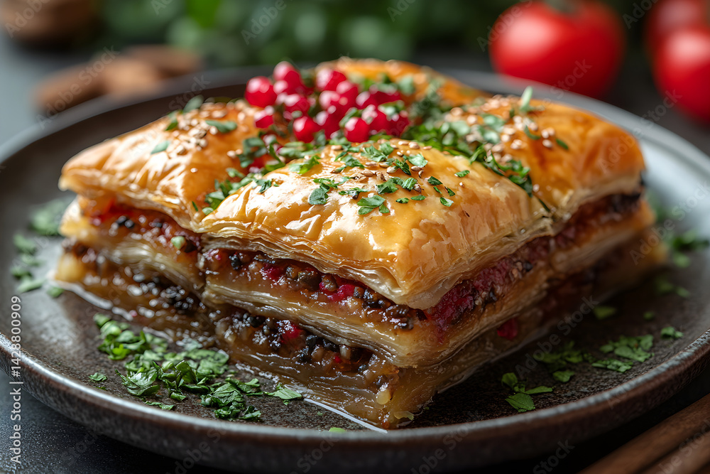 Baklava styled on dark grey background with clean plating and props