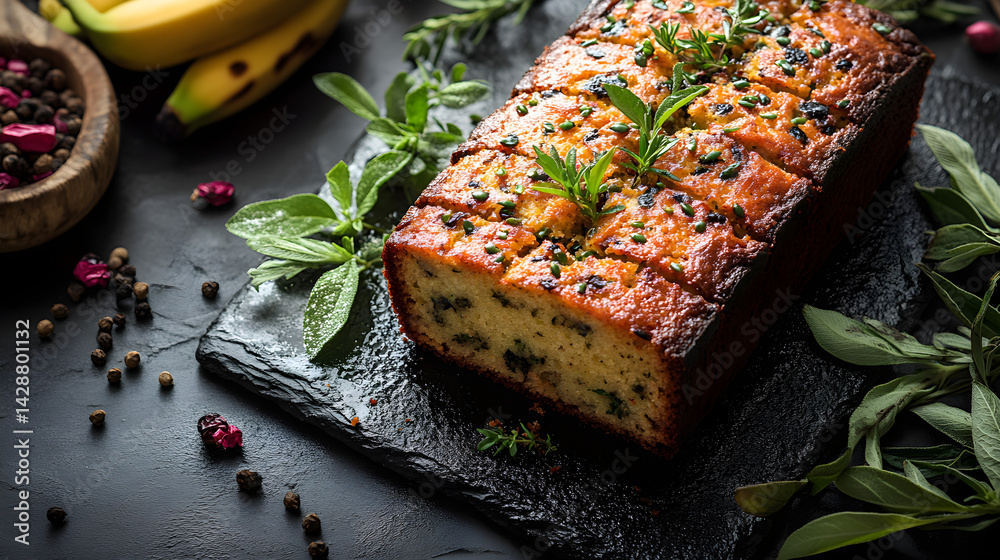 Banana Bread presented on a black textured surface with elegant side garnishing