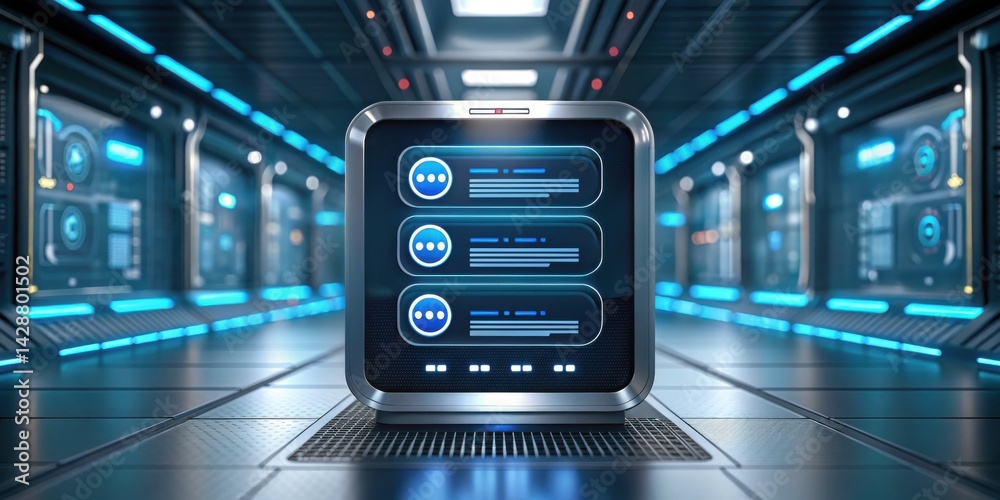 Fototapeta premium A futuristic digital interface displayed in a sleek, high-tech environment with blue lighting and a sci-fi ambiance.
