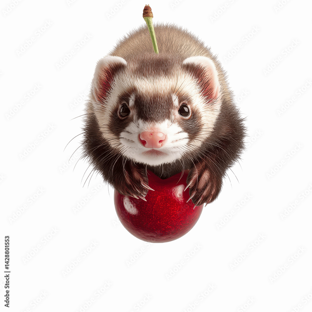 Fototapeta premium Adorable Ferret Perched on a Ripe Cherry