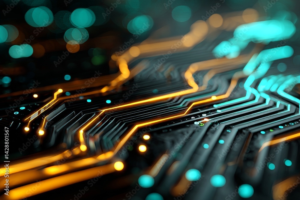 Futuristic high-tech background with neon lights and circuit patterns.