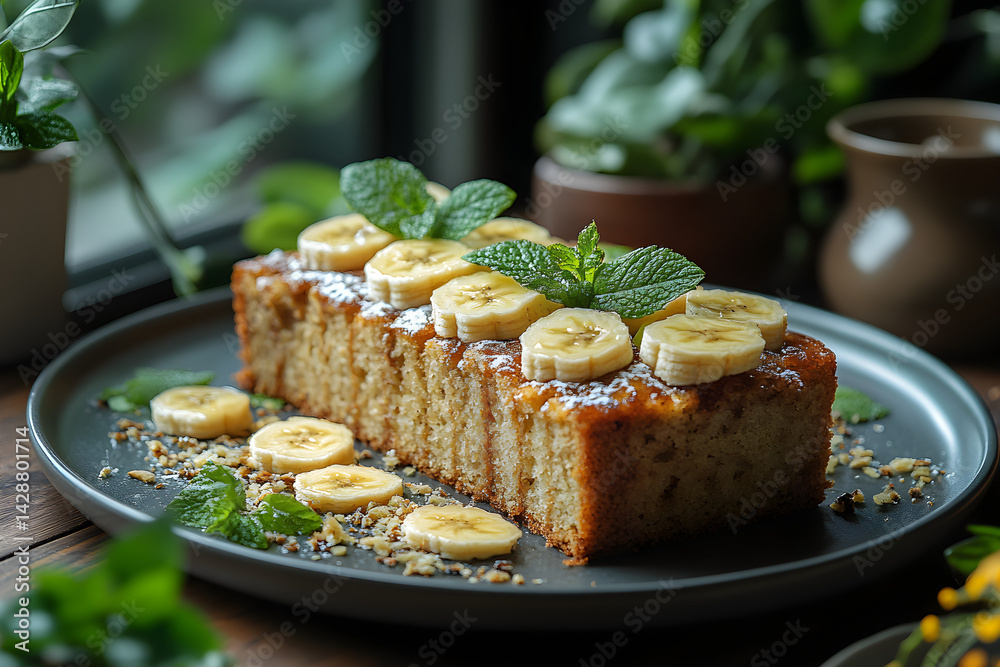 Banana Bread styled on dark grey background with clean plating and props