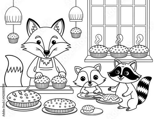 A heartwarming coloring page scene depicting two cute foxes and raccoons in a cozy kitchen setting