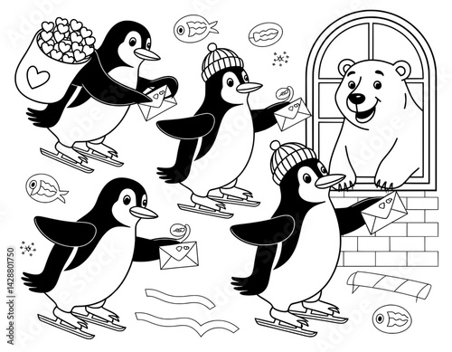 A black and white coloring page featuring adorable penguins delivering letters (with hearts on them) to a polar bear