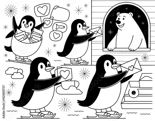 Black and white illustration of adorable penguins delivering valentines on skates in a snowy winter scene