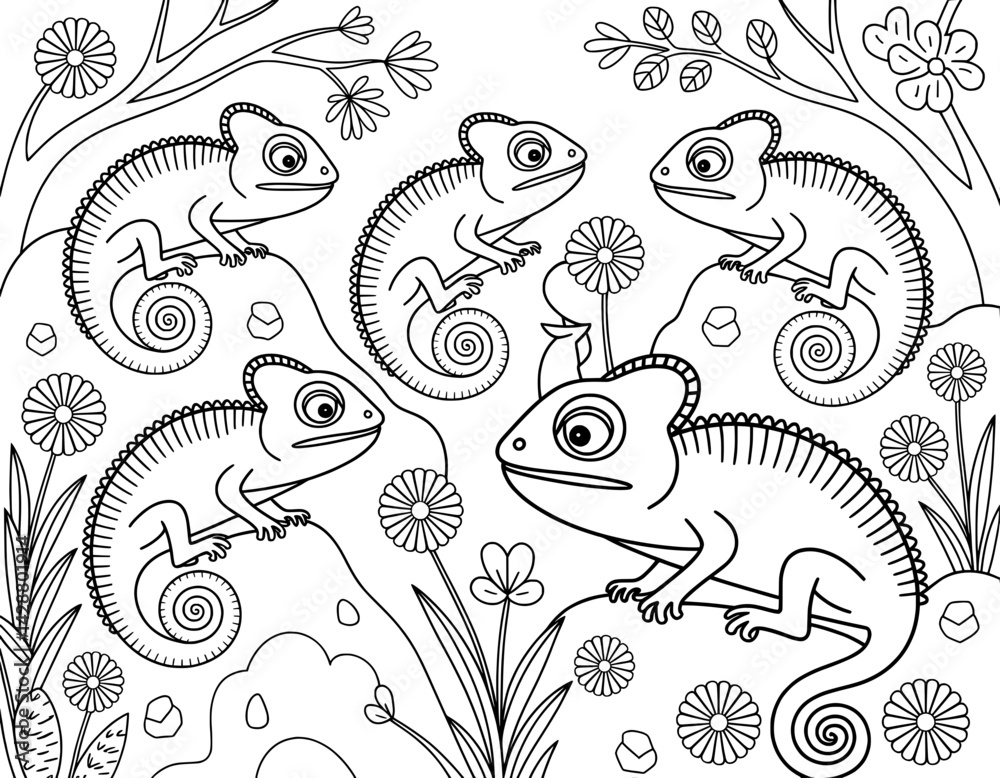 Fototapeta premium Black and white illustration of several chameleons in a whimsical garden setting