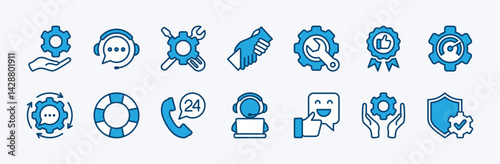 Set of technical and customer service icon vector. Containing support, help, assistant, feedback, time, call center 24 hours, phone contact, operator, online, maintenance, lifebuoy, recommend
