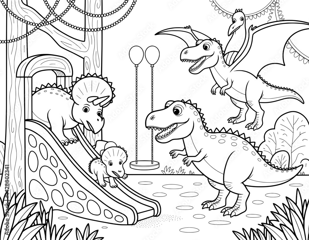 A black and white coloring page featuring three adorable dinosaurs enjoying a playground